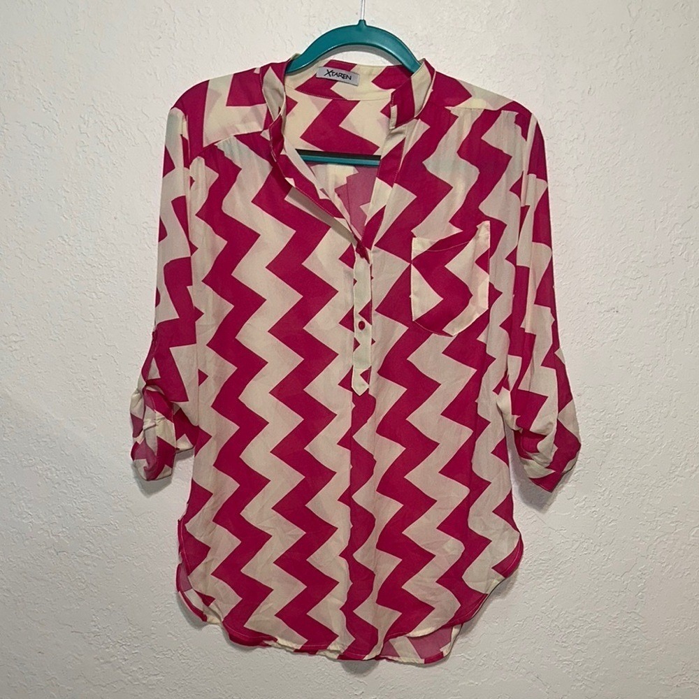 Xtaren Pink Cream Chevron Zigzag Roll Tab Sleeve‎ Blouse Top XL